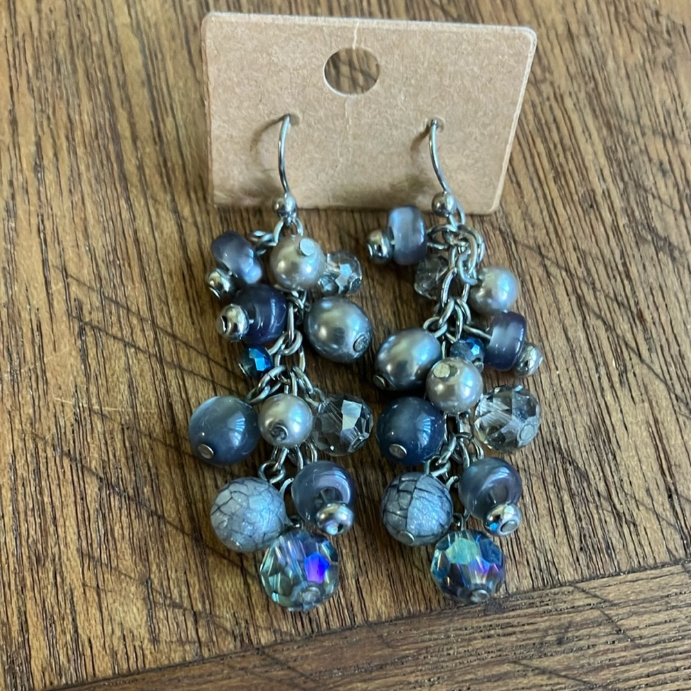 Chic Silver Blue Beaded Cluster Dangle Earrings‎
